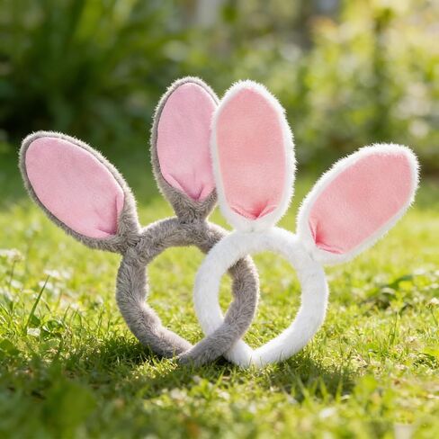 2PCS Easter Bunny Headbands,Adjustable Easter Bunny Ears,Plush Rabbit Animal Hairband,Grey & White Rabbit Ears Costume Accessories, Headpieces Gift for Adults Birthday Easter Cosplay in Kuwait