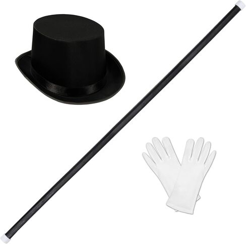 Beistle Theatrical Costume Accessories Bundle – Black Satin Top Hat, White Polyester Gloves, and Wooden Cane Prop, Classic Stage and Party Set for Magician, Formal, Vintage, or Performance Costumes in Saudi Arabia