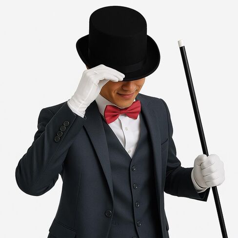 Beistle Theatrical Costume Accessories Bundle – Black Satin Top Hat, White Polyester Gloves, and Wooden Cane Prop, Classic Stage and Party Set for Magician, Formal, Vintage, or Performance Costumes in Saudi Arabia