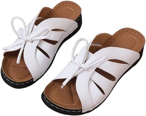 Women'S Stylish White Bowknot Slide Sandals - Casual Flat Heel, Open Toe, Faux Cover, Rubber Sole, Summer & Fall Footwear, Casual Footwear | Elegant Bow Detail | Flat Heel Sandal in Kuwait