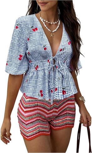 Women's Plaid Cherry Tie Front Peplum Blouses Puff Half Sleeve Summer Ruffle Shirts in Saudi Arabia