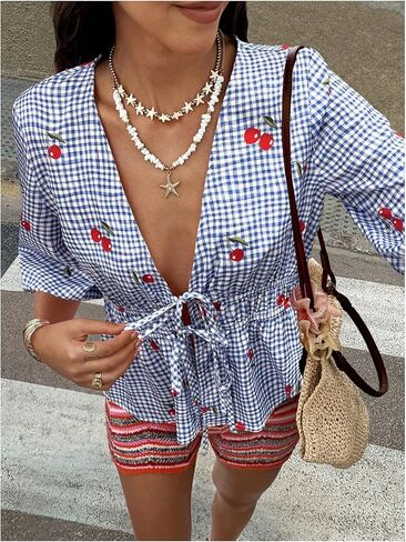 Women's Plaid Cherry Tie Front Peplum Blouses Puff Half Sleeve Summer Ruffle Shirts in Saudi Arabia