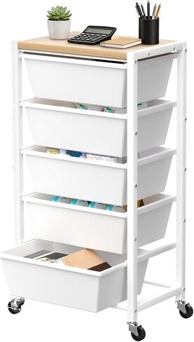 عربة دوارة مع 5 أدراج، عربات تخزين بأدراج بلاستيكية مع عجلات ومنضدة خشبية، عربة أدوات معدنية للمكتب وغرفة النوم وغرفة المعيشة والفصول الدراسية وتنظيم الحرف اليدوية والتخزين، أسود داكن in Kuwait