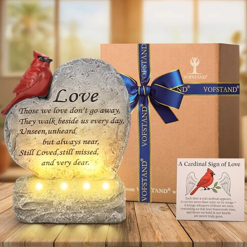 Solar Cardinal Memorial Stones Gifts - Heart Shaped Red Cardinal Figurine with LED Lights - Sympathy Gifts for Loss of Loved One, Bereavement Remembrance Stone for Garden, Balcony, Yard, Lawn in Kuwait