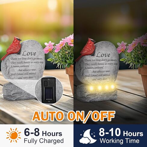 Solar Cardinal Memorial Stones Gifts - Heart Shaped Red Cardinal Figurine with LED Lights - Sympathy Gifts for Loss of Loved One, Bereavement Remembrance Stone for Garden, Balcony, Yard, Lawn in Kuwait