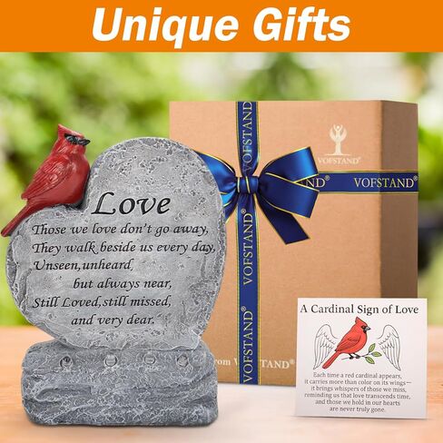 Solar Cardinal Memorial Stones Gifts - Heart Shaped Red Cardinal Figurine with LED Lights - Sympathy Gifts for Loss of Loved One, Bereavement Remembrance Stone for Garden, Balcony, Yard, Lawn in Kuwait