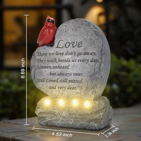 Solar Cardinal Memorial Stones Gifts - Heart Shaped Red Cardinal Figurine with LED Lights - Sympathy Gifts for Loss of Loved One, Bereavement Remembrance Stone for Garden, Balcony, Yard, Lawn in Kuwait