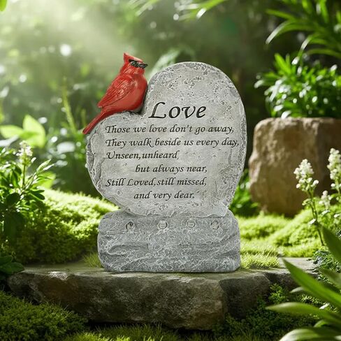 Solar Cardinal Memorial Stones Gifts - Heart Shaped Red Cardinal Figurine with LED Lights - Sympathy Gifts for Loss of Loved One, Bereavement Remembrance Stone for Garden, Balcony, Yard, Lawn in Kuwait