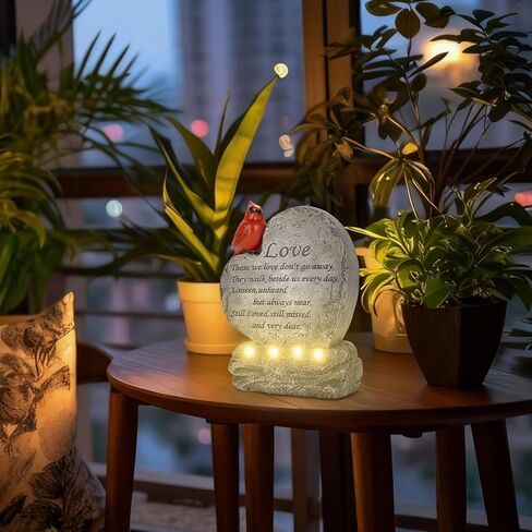 Solar Cardinal Memorial Stones Gifts - Heart Shaped Red Cardinal Figurine with LED Lights - Sympathy Gifts for Loss of Loved One, Bereavement Remembrance Stone for Garden, Balcony, Yard, Lawn in Kuwait