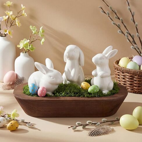 Bucherry 5 Pack Easter Decoration 3 Ceramic Bunny Figurines 1 Wooden Dough Bowl 1 Pack of 50g Artificial Moss for Easter Party Table Centerpiece Corner Ornaments Home Aromatherapy Candle Display in Saudi Arabia