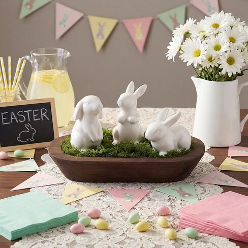 Bucherry 5 Pack Easter Decoration 3 Ceramic Bunny Figurines 1 Wooden Dough Bowl 1 Pack of 50g Artificial Moss for Easter Party Table Centerpiece Corner Ornaments Home Aromatherapy Candle Display in Saudi Arabia