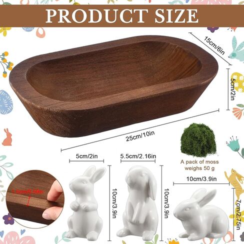 Bucherry 5 Pack Easter Decoration 3 Ceramic Bunny Figurines 1 Wooden Dough Bowl 1 Pack of 50g Artificial Moss for Easter Party Table Centerpiece Corner Ornaments Home Aromatherapy Candle Display in Saudi Arabia