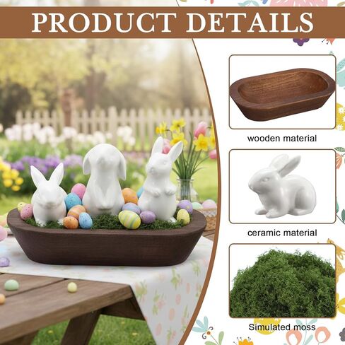 Bucherry 5 Pack Easter Decoration 3 Ceramic Bunny Figurines 1 Wooden Dough Bowl 1 Pack of 50g Artificial Moss for Easter Party Table Centerpiece Corner Ornaments Home Aromatherapy Candle Display in Saudi Arabia