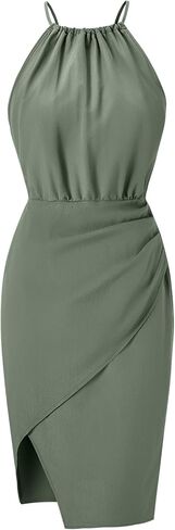 Women's Wrap Cut Out Halter Dress Elegant Ruched Bodycon Tie Back Cocktail Party Dresses in Saudi Arabia