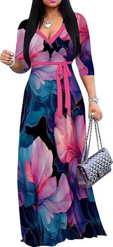 PINKPATTY Women's Plus Size Maxi Dresses Casual Flowy 3/4 Sleeves Dress Printed Vacation Dress for Daily Wear with Belt in Kuwait