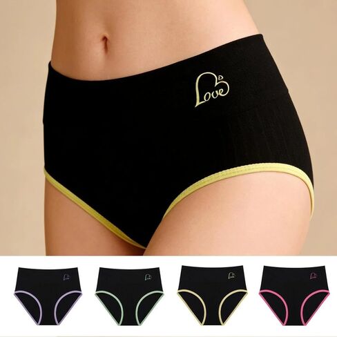 4-Piece Plus Size High-Waist Seamless Briefs Set with Neon Color Trim and Soft Stretch Fabric, Comfortable for Daily Wear in Saudi Arabia