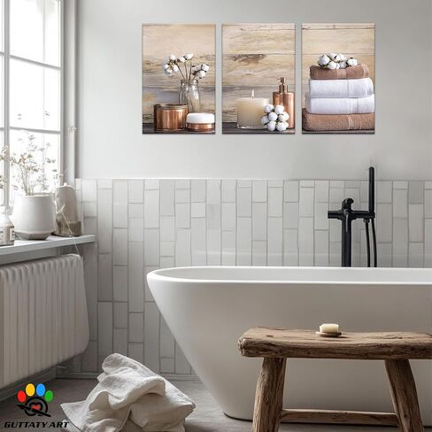 GUTTATY 3 قطعة الحمام النباتية الزهور قماش جدار الفن، ريفي خمر مزرعة زهرة صور، بوهو غرفة المعيشة غرفة نوم ديكور جدار، البني والأبيض طباعة قماش مستوحاة سبا، 12 "× 18" × 3PCS in Kuwait