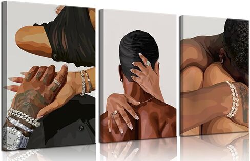 Black Couple Canvas Wall Art Set of 3 Fashion African American Black Love Wall Decor Pictures Afro Women Men Posters Prints for Living Room Bedroom Decoration, 12x16in in Saudi Arabia