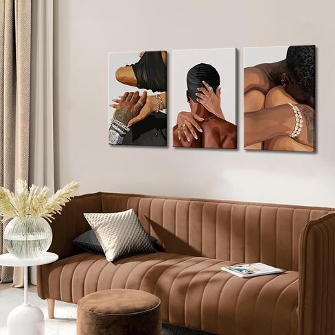Black Couple Canvas Wall Art Set of 3 Fashion African American Black Love Wall Decor Pictures Afro Women Men Posters Prints for Living Room Bedroom Decoration, 12x16in in Saudi Arabia