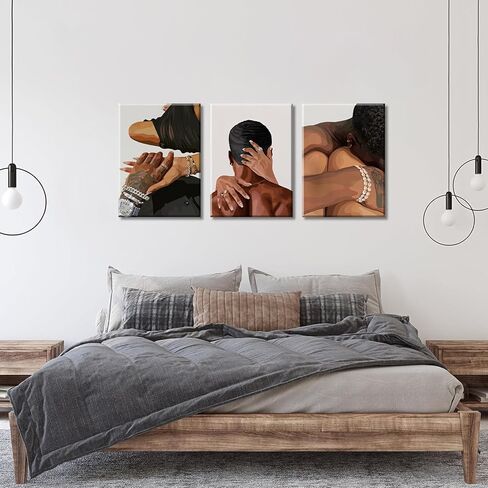 Black Couple Canvas Wall Art Set of 3 Fashion African American Black Love Wall Decor Pictures Afro Women Men Posters Prints for Living Room Bedroom Decoration, 12x16in in Saudi Arabia