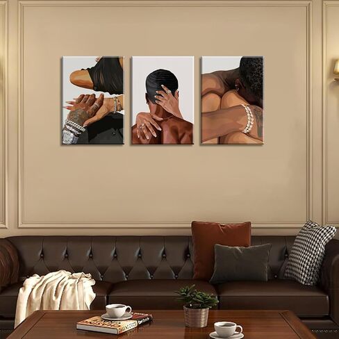 Black Couple Canvas Wall Art Set of 3 Fashion African American Black Love Wall Decor Pictures Afro Women Men Posters Prints for Living Room Bedroom Decoration, 12x16in in Saudi Arabia