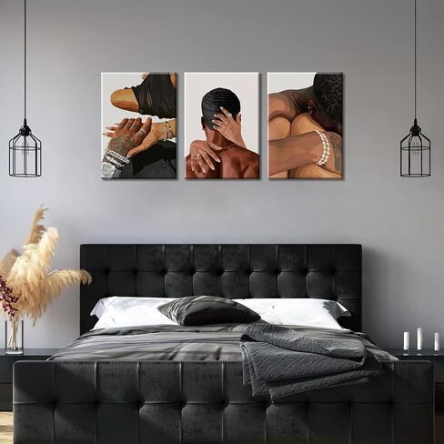 Black Couple Canvas Wall Art Set of 3 Fashion African American Black Love Wall Decor Pictures Afro Women Men Posters Prints for Living Room Bedroom Decoration, 12x16in in Saudi Arabia