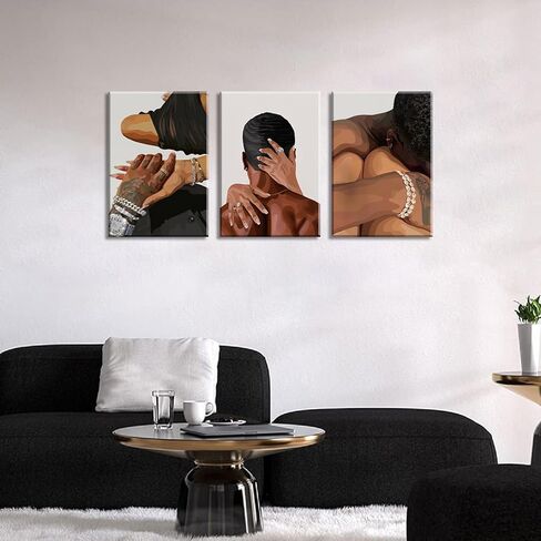Black Couple Canvas Wall Art Set of 3 Fashion African American Black Love Wall Decor Pictures Afro Women Men Posters Prints for Living Room Bedroom Decoration, 12x16in in Saudi Arabia