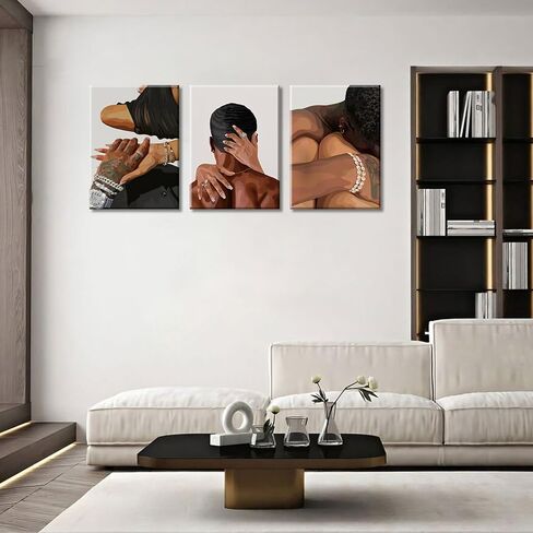 Black Couple Canvas Wall Art Set of 3 Fashion African American Black Love Wall Decor Pictures Afro Women Men Posters Prints for Living Room Bedroom Decoration, 12x16in in Saudi Arabia