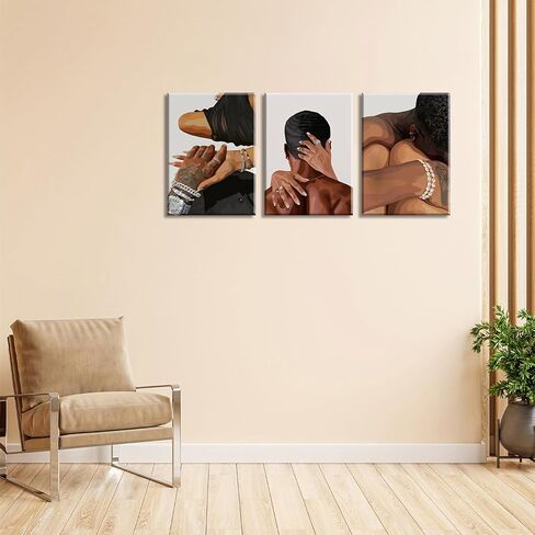 Black Couple Canvas Wall Art Set of 3 Fashion African American Black Love Wall Decor Pictures Afro Women Men Posters Prints for Living Room Bedroom Decoration, 12x16in in Saudi Arabia