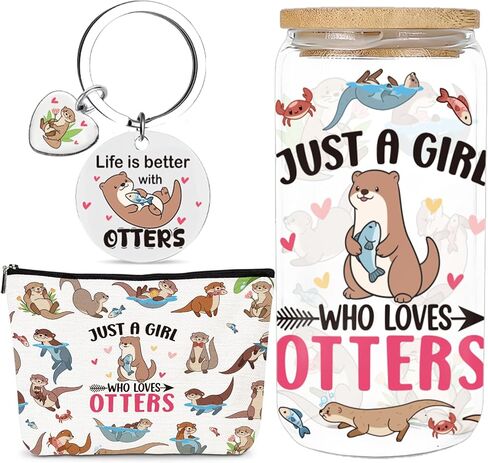 Otter Gifts for Women - 4 Pcs Sea Otters Themed Glass Mug Makeup Bag Keychain Gift Box, Christmas Birthday Holiday Festival Present for Otter Lovers Friends in Kuwait