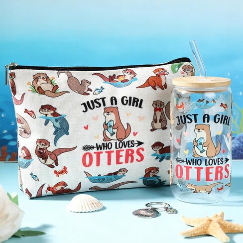 Otter Gifts for Women - 4 Pcs Sea Otters Themed Glass Mug Makeup Bag Keychain Gift Box, Christmas Birthday Holiday Festival Present for Otter Lovers Friends in Kuwait