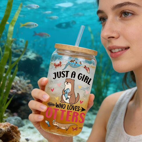 Otter Gifts for Women - 4 Pcs Sea Otters Themed Glass Mug Makeup Bag Keychain Gift Box, Christmas Birthday Holiday Festival Present for Otter Lovers Friends in Kuwait