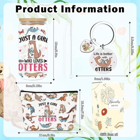 Otter Gifts for Women - 4 Pcs Sea Otters Themed Glass Mug Makeup Bag Keychain Gift Box, Christmas Birthday Holiday Festival Present for Otter Lovers Friends in Kuwait