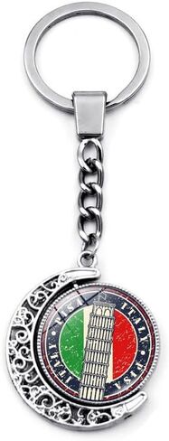 سلسلة مفاتيح تذكارية إيطالية مكونة من قطعتين، قلادة من الزجاج الكريستالي لبرج بيزا المائل، حلقة مفاتيح من سبيكة الزنك المجوفة على شكل هلال، هدية سفر إيطالية للرجال والنساء in Kuwait