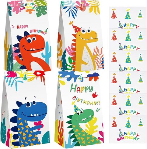 JOHOUSE 24PCS Dinosaur Party Favor Bags, Paper Gift Bags with Stickers Treat Bags Dinosaur Goodie Bags for Birthday Baby Shower in Kuwait