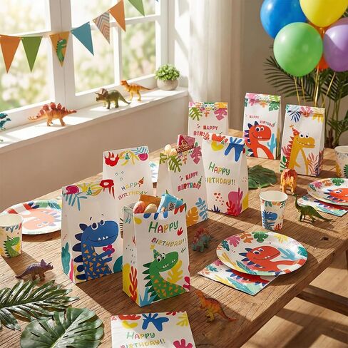 JOHOUSE 24PCS Dinosaur Party Favor Bags, Paper Gift Bags with Stickers Treat Bags Dinosaur Goodie Bags for Birthday Baby Shower in Kuwait