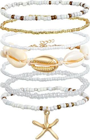 7Pcs Shell Bracelet, Beach Bracelets with Seashell & Starfish Beads, Boho Stackable Stretch Bracelets for Summer Vacation, Seaside Party Gift Set in Kuwait