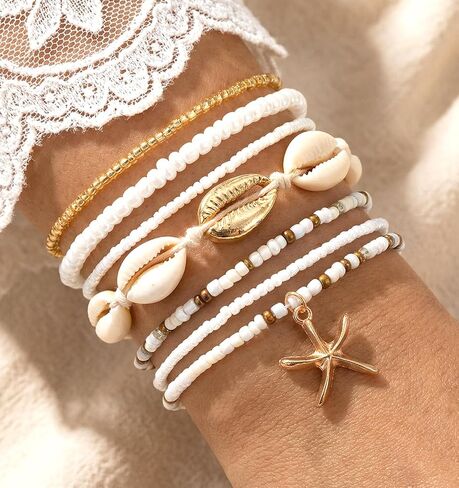 7Pcs Shell Bracelet, Beach Bracelets with Seashell & Starfish Beads, Boho Stackable Stretch Bracelets for Summer Vacation, Seaside Party Gift Set in Kuwait