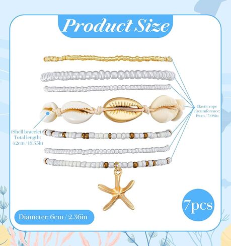 7Pcs Shell Bracelet, Beach Bracelets with Seashell & Starfish Beads, Boho Stackable Stretch Bracelets for Summer Vacation, Seaside Party Gift Set in Kuwait
