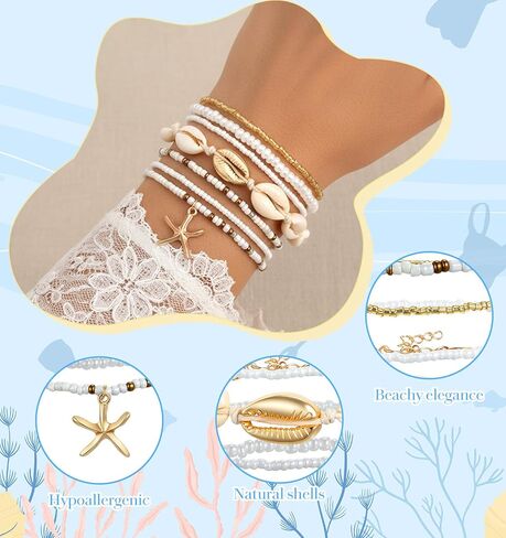 7Pcs Shell Bracelet, Beach Bracelets with Seashell & Starfish Beads, Boho Stackable Stretch Bracelets for Summer Vacation, Seaside Party Gift Set in Kuwait