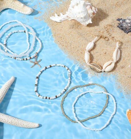 7Pcs Shell Bracelet, Beach Bracelets with Seashell & Starfish Beads, Boho Stackable Stretch Bracelets for Summer Vacation, Seaside Party Gift Set in Kuwait