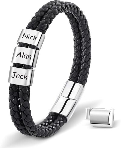 سوار جلدي رجالي من Dreamdecor مع خرز مخصص - مجوهرات بأسماء محفورة، هدايا مخصصة للرجال الأب in Kuwait