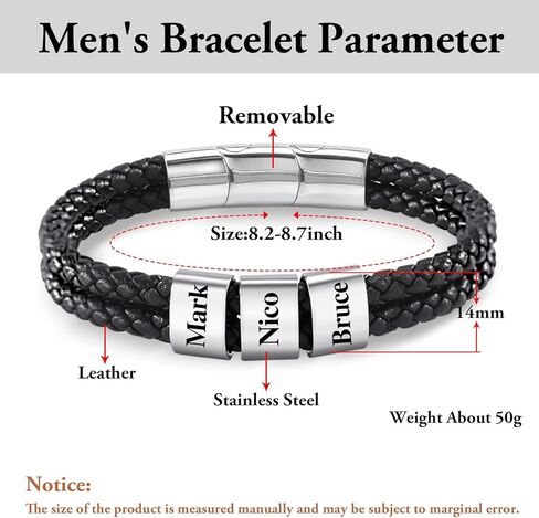 سوار جلدي رجالي من Dreamdecor مع خرز مخصص - مجوهرات بأسماء محفورة، هدايا مخصصة للرجال الأب in Kuwait