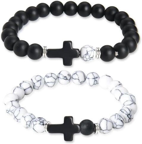 yaozeio Couples Bracelets for Him and Her Wife Husband Anniversary Valentines Gifts for Boyfriend Girlfriend Best Friend Birthday Gift Cross Bracelet for Women Men Natural Stones Bracelets Set for 2 in Saudi Arabia