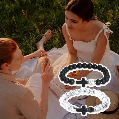 yaozeio Couples Bracelets for Him and Her Wife Husband Anniversary Valentines Gifts for Boyfriend Girlfriend Best Friend Birthday Gift Cross Bracelet for Women Men Natural Stones Bracelets Set for 2 in Saudi Arabia