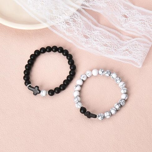 yaozeio Couples Bracelets for Him and Her Wife Husband Anniversary Valentines Gifts for Boyfriend Girlfriend Best Friend Birthday Gift Cross Bracelet for Women Men Natural Stones Bracelets Set for 2 in Saudi Arabia