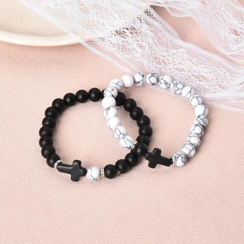 yaozeio Couples Bracelets for Him and Her Wife Husband Anniversary Valentines Gifts for Boyfriend Girlfriend Best Friend Birthday Gift Cross Bracelet for Women Men Natural Stones Bracelets Set for 2 in Saudi Arabia