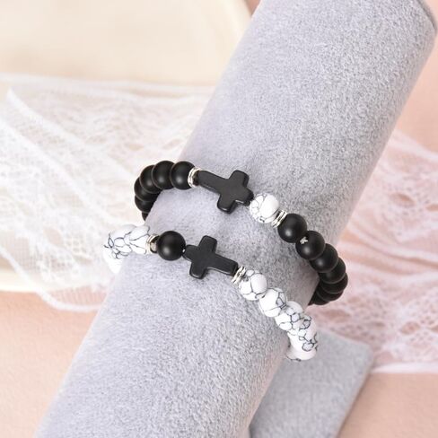 yaozeio Couples Bracelets for Him and Her Wife Husband Anniversary Valentines Gifts for Boyfriend Girlfriend Best Friend Birthday Gift Cross Bracelet for Women Men Natural Stones Bracelets Set for 2 in Saudi Arabia