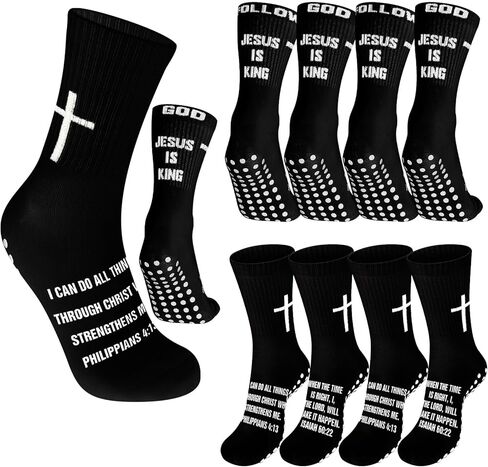 4 Pairs Cross Grip Soccer Socks with Bible Verse Anti Slip Religious Jesus Christian Football Sock with Rubber Dots in Kuwait