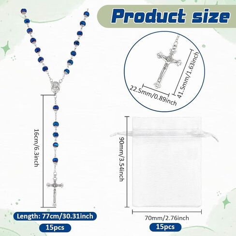 15Pcs Rosary Bead Bulk, Blue Glass Necklace with Cross Crucifix Crystal Bead Rosary Necklace Rosary Rosarios Catolicos Gifts with 15pc White Organza Bags for Easter Men Women in Kuwait